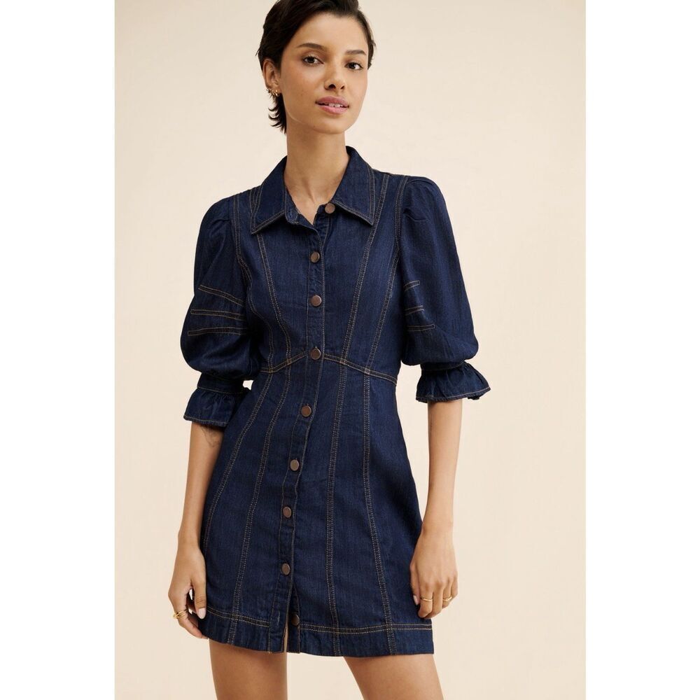 Anthropologie Denim Mini Dress Puff Sleeve Button Front Dark Wash Women's 6P